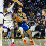 Jan 3, 2026; San Francisco, California, USA; Golden State Warriors guard Stephen Curry (30) drives past Utah Jazz forward Cody Williams (5) during the second quarter at Chase Center. Mandatory Credit: John Hefti-Imagn Images