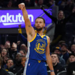 Jan 13, 2026; San Francisco, California, USA; Golden State Warriors guard Stephen Curry (30) makes a three-point shot against the Portland Trail Blazers in the third quarter at Chase Center. Mandatory Credit: David Gonzales-Imagn Images