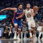 Jan 30, 2026; San Francisco, California, USA; Golden State Warriors guard Stephen Curry (30) drives against Detroit Pistons guard Cade Cunningham (2) in the third quarter at the Chase Center. Mandatory Credit: Cary Edmondson-Imagn Images