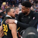 Mar 6, 2024; San Francisco, California, USA; Milwaukee Bucks forward Giannis Antetokounmpo (34) and Golden State Warriors guard Stephen Curry (30) meet after the game at the Chase Center. Mandatory Credit: Cary Edmondson-USA TODAY Sports
