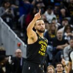 Dec 20, 2025; San Francisco, California, USA; Golden State Warriors guard Stephen Curry (30) reacts after scoring against the Phoenix Suns during the fourth quarter at Chase Center. Mandatory Credit: John Hefti-Imagn Images