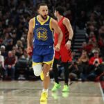 Dec 14, 2025; Portland, Oregon, USA; Golden State Warriors guard Stephen Curry (30) reacts after making a three-point basket against the Portland Trail Blazers during the second half at Moda Center. Mandatory Credit: Jaime Valdez-Imagn Images