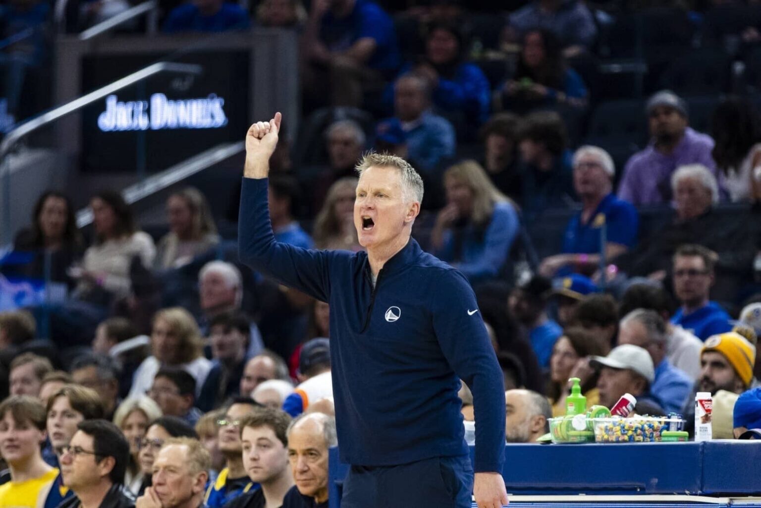 Dec 20, 2025; San Francisco, California, USA; Golden State Warriors head coach Steve Kerr reacts during the second quarter against the Phoenix Suns at Chase Center. Mandatory Credit: John Hefti-Imagn Images