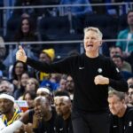 Jan 3, 2026; San Francisco, California, USA; Golden State Warriors head coach Steve Kerr reacts during the third quarter against the Utah Jazz at Chase Center. Mandatory Credit: John Hefti-Imagn Images