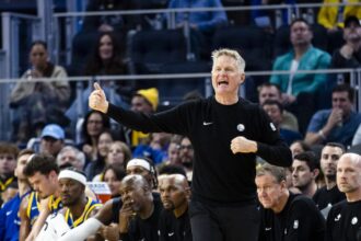 Jan 3, 2026; San Francisco, California, USA; Golden State Warriors head coach Steve Kerr reacts during the third quarter against the Utah Jazz at Chase Center. Mandatory Credit: John Hefti-Imagn Images
