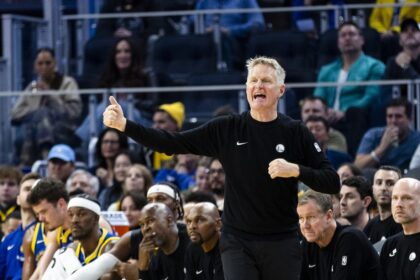 Jan 3, 2026; San Francisco, California, USA; Golden State Warriors head coach Steve Kerr reacts during the third quarter against the Utah Jazz at Chase Center. Mandatory Credit: John Hefti-Imagn Images