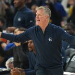 Jan 2, 2026; San Francisco, California, USA; Golden State Warriors head coach Steve Kerr reacts to a foul call during the first quarter against the Oklahoma City Thunder at Chase Center. Mandatory Credit: Darren Yamashita-Imagn Images