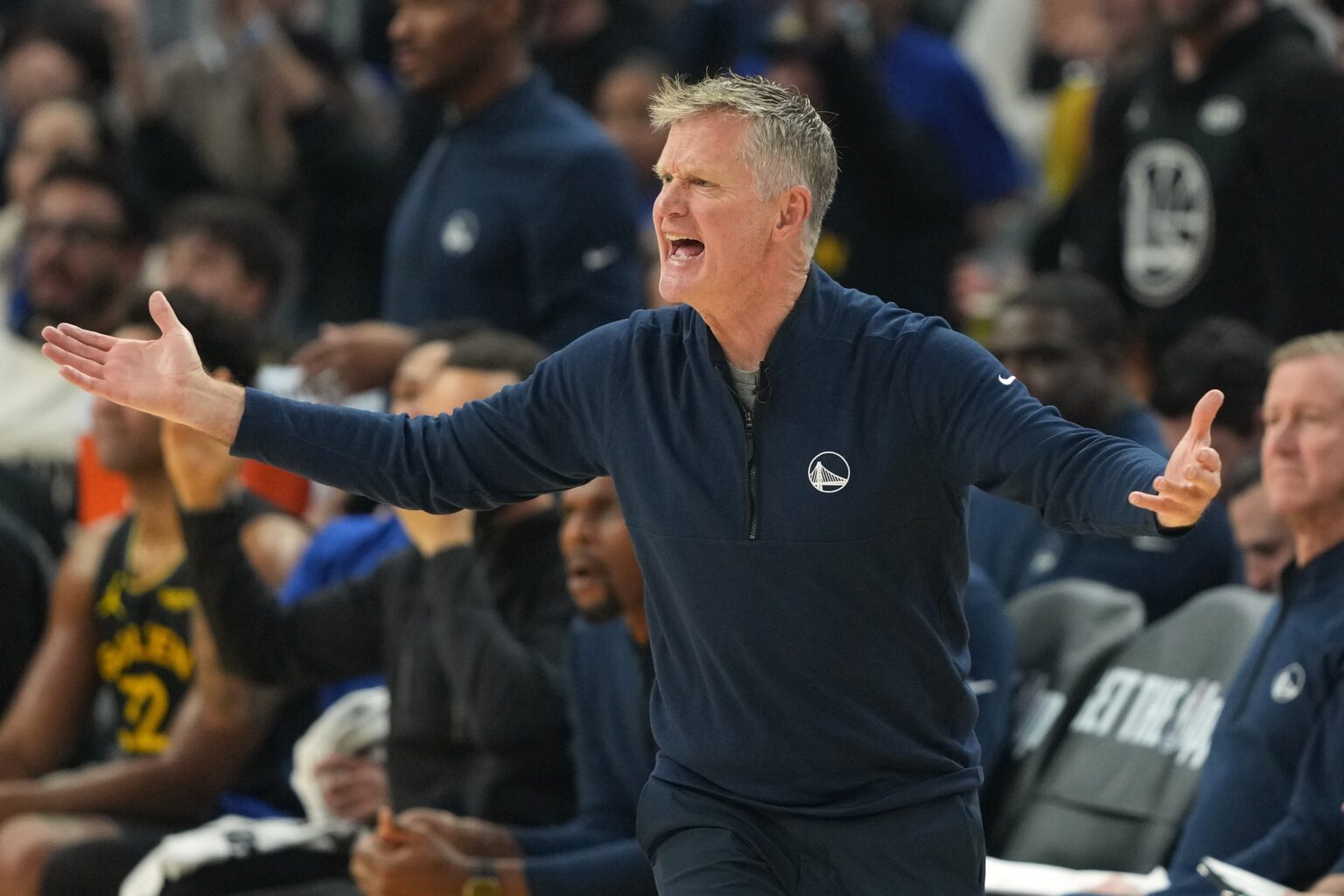 Jan 2, 2026; San Francisco, California, USA; Golden State Warriors head coach Steve Kerr reacts to a foul call during the first quarter against the Oklahoma City Thunder at Chase Center. Mandatory Credit: Darren Yamashita-Imagn Images