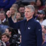 Jan 28, 2026; Salt Lake City, Utah, USA; Golden State Warriors head coach Steve Kerr reacts after a play against the Utah Jazz during the second half at Delta Center. Mandatory Credit: Rob Gray-Imagn Images