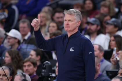 Jan 28, 2026; Salt Lake City, Utah, USA; Golden State Warriors head coach Steve Kerr reacts after a play against the Utah Jazz during the second half at Delta Center. Mandatory Credit: Rob Gray-Imagn Images