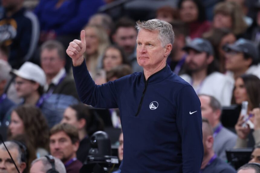 Jan 28, 2026; Salt Lake City, Utah, USA; Golden State Warriors head coach Steve Kerr reacts after a play against the Utah Jazz during the second half at Delta Center. Mandatory Credit: Rob Gray-Imagn Images