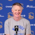 Golden State Warriors head coach Steve Kerr at press conference at Intuit Dome.