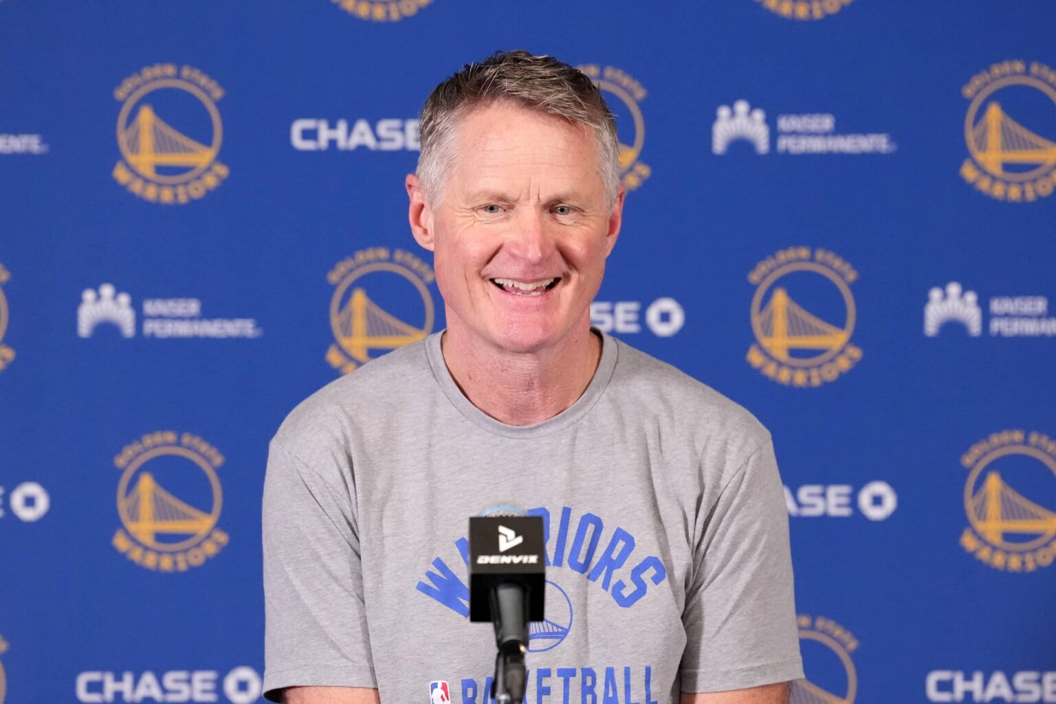 Golden State Warriors head coach Steve Kerr at press conference at Intuit Dome.