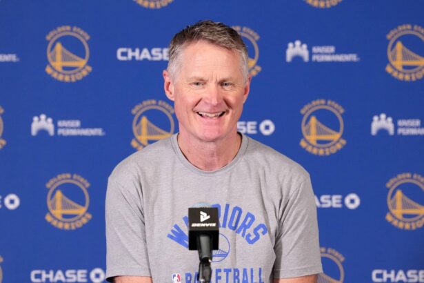 Golden State Warriors head coach Steve Kerr at press conference at Intuit Dome.