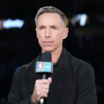 NBA on Amazon studio analyst Steve Nash during the NBA Cup semifinals at T-Mobile Arena.