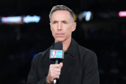 NBA on Amazon studio analyst Steve Nash during the NBA Cup semifinals at T-Mobile Arena.