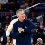 Jan 17, 2026; San Francisco, California, USA; Golden State Warriors head coach Steve Kerr reacts after a foul is called in favor of the Charlotte Hornets during the third quarter at Chase Center. Mandatory Credit: John Hefti-Imagn Images