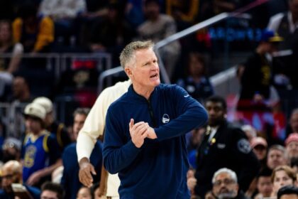 Jan 17, 2026; San Francisco, California, USA; Golden State Warriors head coach Steve Kerr reacts after a foul is called in favor of the Charlotte Hornets during the third quarter at Chase Center. Mandatory Credit: John Hefti-Imagn Images
