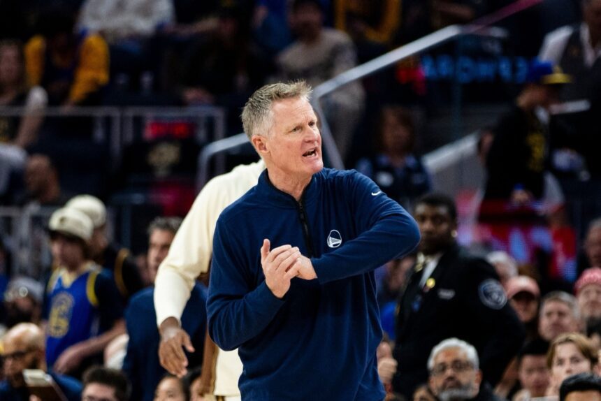 Jan 17, 2026; San Francisco, California, USA; Golden State Warriors head coach Steve Kerr reacts after a foul is called in favor of the Charlotte Hornets during the third quarter at Chase Center. Mandatory Credit: John Hefti-Imagn Images