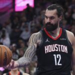 Houston Rockets center Steven Adams (12) reacts to a foul call for the Utah Jazz during the third quarter at Delta Center.