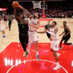 Jan 18, 2026; Houston, Texas, USA; New Orleans Pelicans forward Zion Williamson (1) shoots against Houston Rockets center Steven Adams (12) during the second quarter at Toyota Center. Mandatory Credit: Erik Williams-Imagn Images