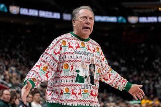 Michigan State head coach Tom Izzo reacts to a play against Oakland during the first half at Little Caesars Arena in Detroit on Saturday, Dec. 20, 2025.