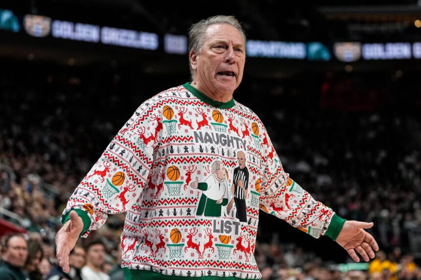 Michigan State head coach Tom Izzo reacts to a play against Oakland during the first half at Little Caesars Arena in Detroit on Saturday, Dec. 20, 2025.