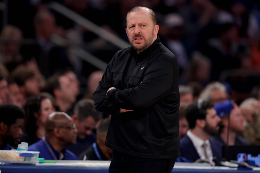 New York Knicks head coach Tom Thibodeau coaches against the Boston Celtics during the first quarter of game six in the second round of the 2025 NBA Playoffs at Madison Square Garden.