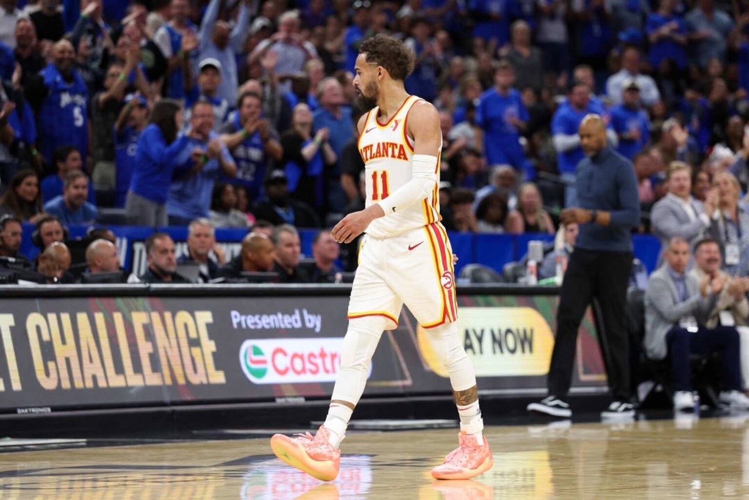 Apr 15, 2025; Orlando, Florida, USA; Atlanta Hawks guard Trae Young (11) reacts after given a technical foul against the Orlando Magic in the fourth quarter at Kia Center. Mandatory Credit: Nathan Ray Seebeck-Imagn Images