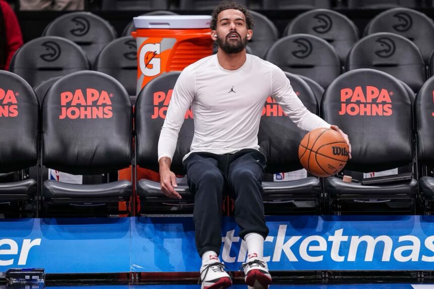 Jan 7, 2026; Atlanta, Georgia, USA; Atlanta Hawks guard Trae Young (11) shown on the court before the game against the New Orleans Pelicans at State Farm Arena. Mandatory Credit: Dale Zanine-Imagn Images
