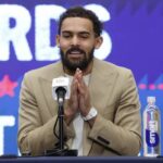 Jan 9, 2026; Washington, District of Columbia, USA; Newly acquired Washington Wizards guard Trae Young speaks at an introductory press conference prior to the Wizards' game against the New Orleans Pelicans at Capital One Arena. Mandatory Credit: Geoff Burke-Imagn Images