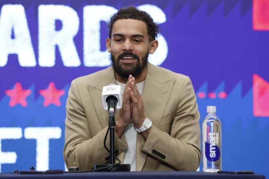 Jan 9, 2026; Washington, District of Columbia, USA; Newly acquired Washington Wizards guard Trae Young speaks at an introductory press conference prior to the Wizards' game against the New Orleans Pelicans at Capital One Arena. Mandatory Credit: Geoff Burke-Imagn Images