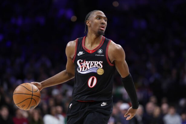 Dec 20, 2025; Philadelphia, Pennsylvania, USA; Philadelphia 76ers guard Tyrese Maxey (0) dribbles the ball against the Dallas Mavericks during the fourth quarter at Xfinity Mobile Arena. Mandatory Credit: Bill Streicher-Imagn Images