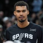 San Antonio Spurs forward Victor Wembanyama (1) after the game against the New York Knicks at Frost Bank Center.