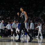 Dec 31, 2025; San Antonio, Texas, USA; San Antonio Spurs forward Victor Wembanyama (1) celebrates in the second half against the New York Knicks at Frost Bank Center. Mandatory Credit: Daniel Dunn-Imagn Images