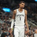Dec 27, 2025; San Antonio, Texas, USA; San Antonio Spurs forward Victor Wembanyama (1) during the first half against the Utah Jazz at Frost Bank Center. Mandatory Credit: Scott Wachter-Imagn Images