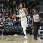 Jan 19, 2026; San Antonio, Texas, USA; San Antonio Spurs forward Victor Wembanyama (1) brings the ball up court against the Utah Jazz during the second half at Frost Bank Center. Mandatory Credit: Daniel Dunn-Imagn Images