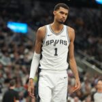 Dec 27, 2025; San Antonio, Texas, USA; San Antonio Spurs forward Victor Wembanyama (1) during the first half against the Utah Jazz at Frost Bank Center. Mandatory Credit: Scott Wachter-Imagn Images