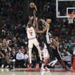 Jan 28, 2026; Houston, Texas, USA; San Antonio Spurs forward Victor Wembanyama (1) blocks a shot by Houston Rockets forward Kevin Durant (7) during the fourth quarter at Toyota Center. Mandatory Credit: Troy Taormina-Imagn Images