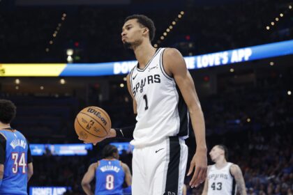 Jan 13, 2026; Oklahoma City, Oklahoma, USA; San Antonio Spurs forward/center Victor Wembanyama (1) walks off the court during a time out against the Oklahoma City Thunder during the second half at Paycom Center. Mandatory Credit: Alonzo Adams-Imagn Images