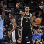 Jan 6, 2026; Memphis, Tennessee, USA; San Antonio Spurs forward Victor Wembanyama (1) reacts during the second quarter against the Memphis Grizzlies at FedExForum. Mandatory Credit: Petre Thomas-Imagn Images