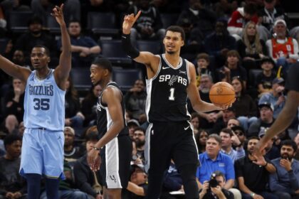 Jan 6, 2026; Memphis, Tennessee, USA; San Antonio Spurs forward Victor Wembanyama (1) reacts during the second quarter against the Memphis Grizzlies at FedExForum. Mandatory Credit: Petre Thomas-Imagn Images