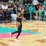 Jan 7, 2026; San Antonio, Texas, USA; San Antonio Spurs forward/center Victor Wembanyama (1) dribbles up the court in the second half against the Los Angeles Lakers at Frost Bank Center. Mandatory Credit: Daniel Dunn-Imagn Images