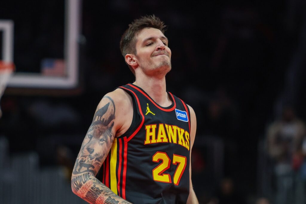Nov 28, 2025; Atlanta, Georgia, USA; Atlanta Hawks guard Vit Krejci (27) reacts to missing a three point shot against the Cleveland Cavaliers during the first quarter at State Farm Arena. Mandatory Credit: Jordan Godfree-Imagn Images