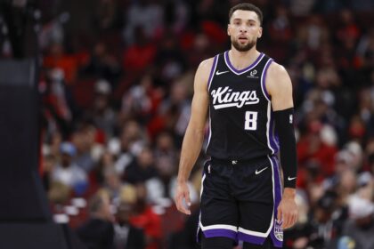 Sacramento Kings guard Zach LaVine (8) walks on the court during the first half at United Center.