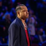 Cleveland, Ohio, USA; NBA great Allen Iverson is honored for being selected to the NBA 75th Anniversary Team during halftime in the 2022 NBA All-Star Game at Rocket Mortgage FieldHouse. Mandatory Credit: Kyle Terada-Imagn Images