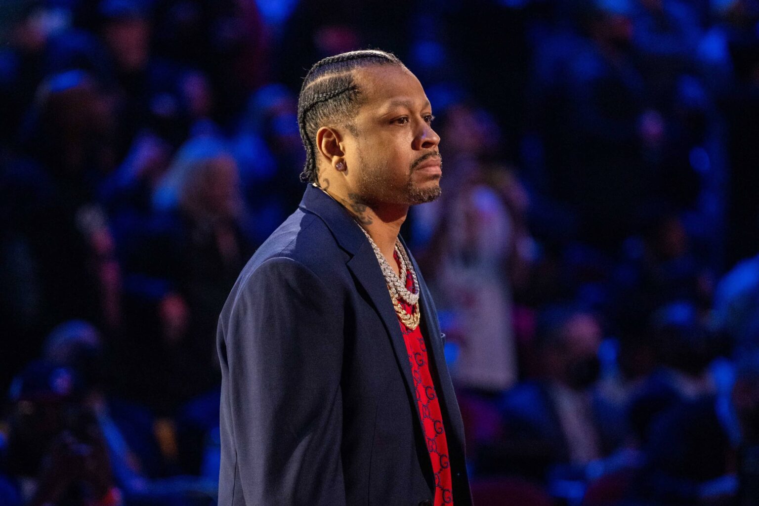 Cleveland, Ohio, USA; NBA great Allen Iverson is honored for being selected to the NBA 75th Anniversary Team during halftime in the 2022 NBA All-Star Game at Rocket Mortgage FieldHouse. Mandatory Credit: Kyle Terada-Imagn Images