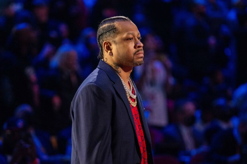 Cleveland, Ohio, USA; NBA great Allen Iverson is honored for being selected to the NBA 75th Anniversary Team during halftime in the 2022 NBA All-Star Game at Rocket Mortgage FieldHouse. Mandatory Credit: Kyle Terada-Imagn Images