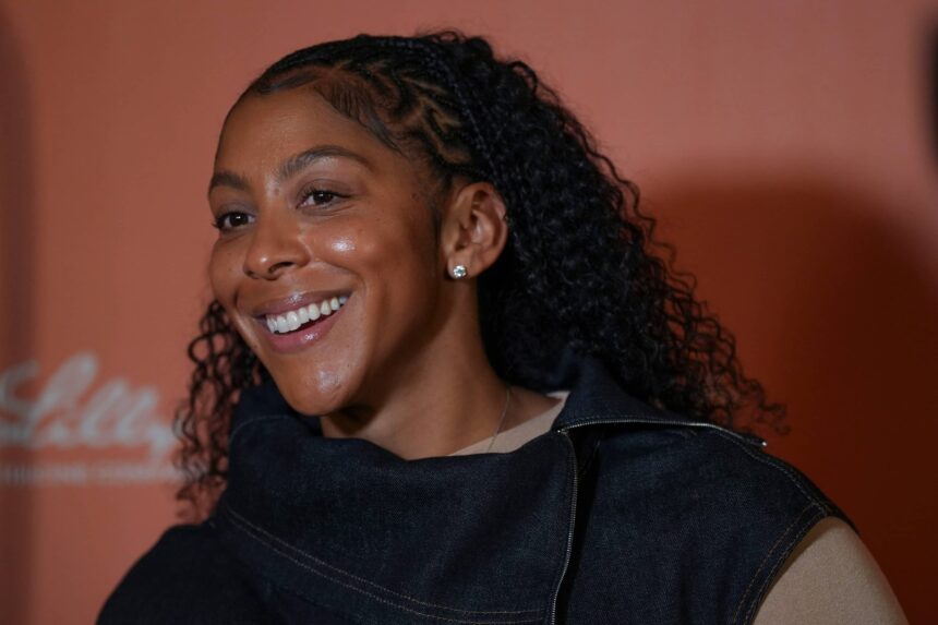 Former Lady Vols basketball player Candace Parker speaks to media before the Celebrating Pat Summitt: A Live Reunion Special at the Tennessee Theatre on Dec. 11, 2025.