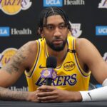 El Segundo, CA, USA; Los Angeles Lakers forward Christian Wood (35) during media day at the UCLA Health Training Center. Mandatory Credit: Kirby Lee-Imagn Images